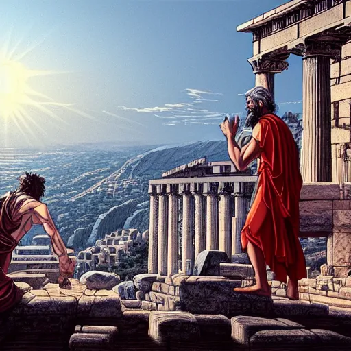 Prompt: plato arguing with diogenes on the acropolis, by dan mumford, yusuke murata, makoto shinkai, ross tran, cosmic, heavenly, god rays, intricate detail, cinematic, 8 k, cel shaded, unreal engine, featured on artstation, pixiv
