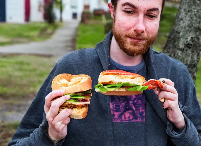 Image similar to Detrans man eating a chicken and bacon sandwich