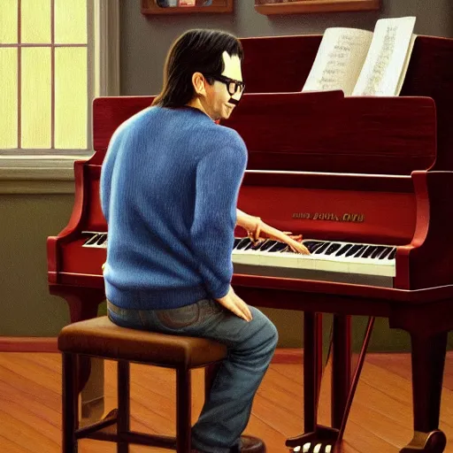 Image similar to An Oil Painting of the back view of Rivers Cuomo in a sweater with long hair and a mustache masterfully playing the piano, hyperrealistic, extremely realistic, highly realistic, HD Quality, 4k resolution, 8k resolution, Detailed, Very Detailed, Highly Detailed, Extremely Detailed, Intricate Details, Real, Very Real, Oil Painting, Digital Painting, Painting, Trending on Deviantart, Trending on Artstation