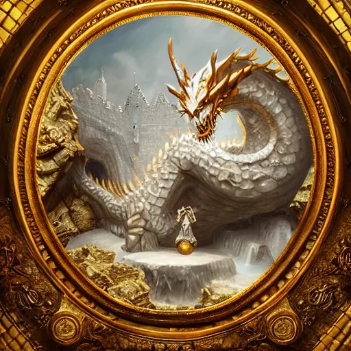 Image similar to concept art of a white scaled dragon laying on a mountain of golden coins and precious jewels inside a castle, medieval, jewels, gold, painting by wlop, nixeu and greg rutkowski, beautiful, semirealism, artstation, octane render, sharpness, 8 k, golden ratio