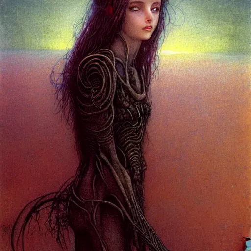 Image similar to cute young vampire tomboy girl with short short short dark hairs on lovecraftian planet by jean delville by luis royo and wayne barlowe, beksinski