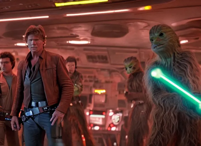 Image similar to screenshot of Han Solo, played by Harrison Ford, surrounded by Greedo Rodian alians outside a neon lit bar, from the 1970s Star Warsspy thriller film directed by Stanley Kubrick, in a sci-fi shipping port, last jedi, 4k HD, cinematic lighting, beautiful portraits, moody, stunning cinematography, anamorphic lenses, kodak color film stock