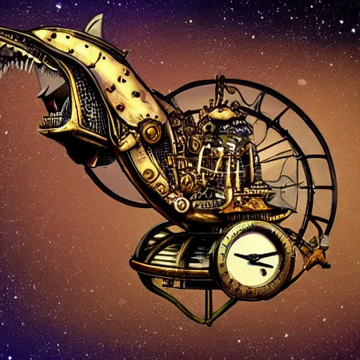 Prompt: A steam-powered mechanical dolphin floating in the clear night sky, steampunk style