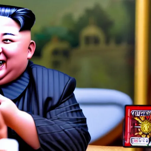 Prompt: kim jong un playing yugioh card game against donald trump, 4 k, lighthearted
