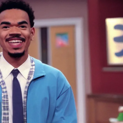 Image similar to a tv still of Chance The Rapper starring as a black college student at Jones College Prep in a 1993 sitcom