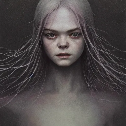 Image similar to Elle Fanning in the world of Dark Souls, intricate, smooth, artstation, painted by Wayne Barlowe, zdislav beksinski