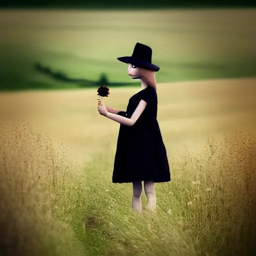 Image similar to a girl standing in a field, alone, wearing black dress and hat, doll in hand, detailed hands, by andrea kowch, dark, scene, magic realism, flowers, perspective