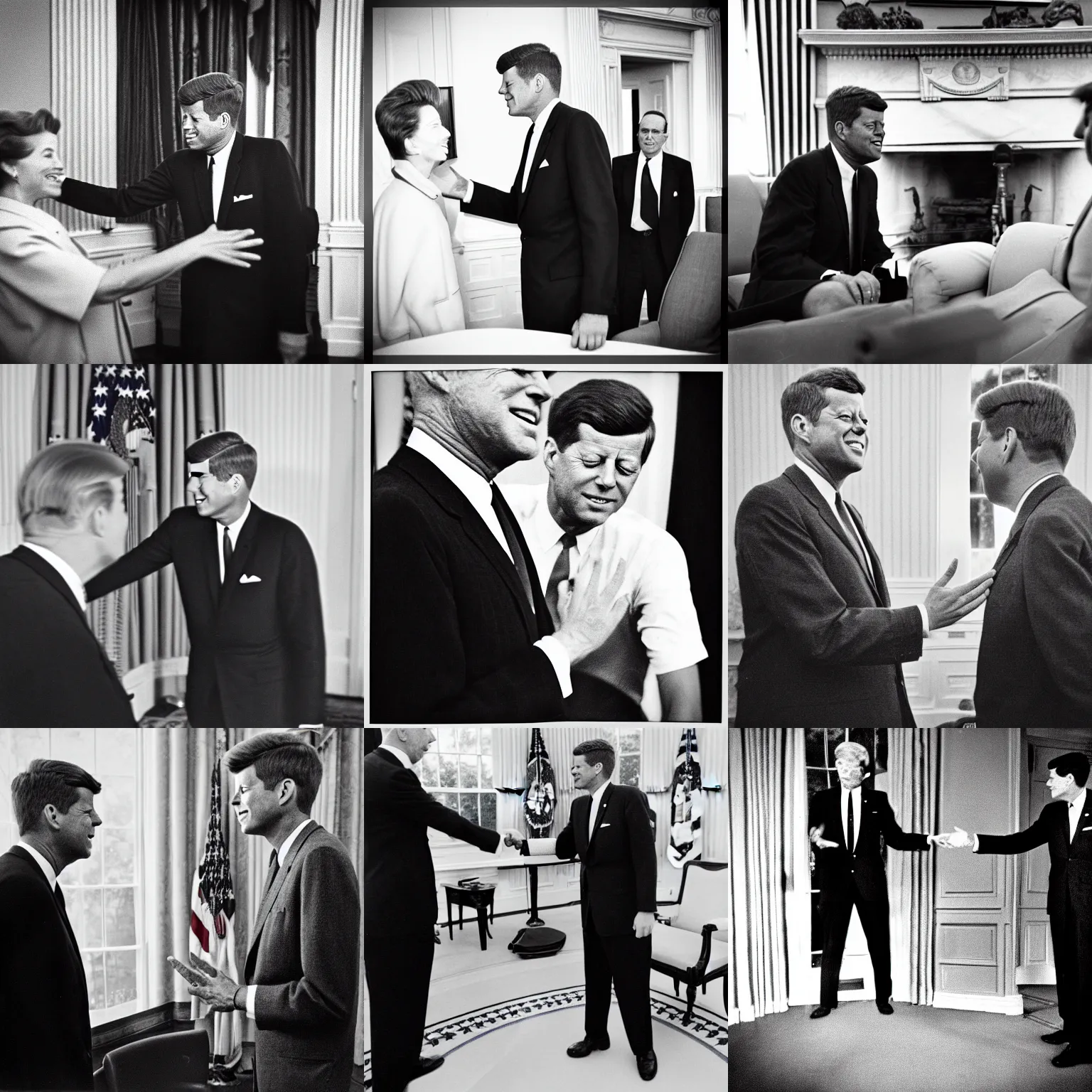 Prompt: John F. Kennedy greets an grey alien in the White House oval office 1960, monochrome, instagram, trending, photograph, film grain and noise