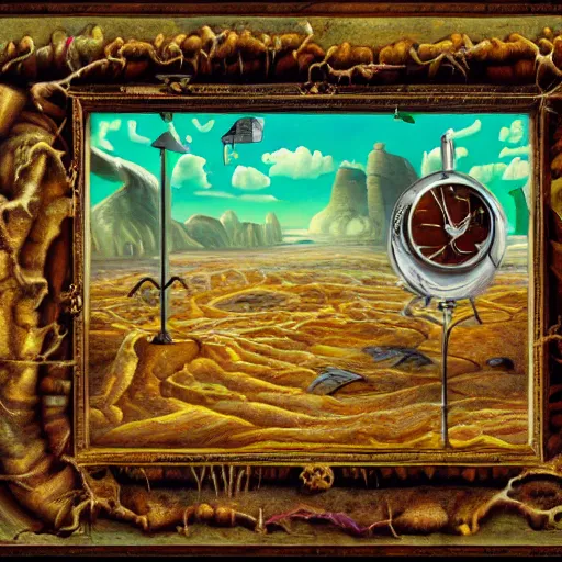 Image similar to surrealist landscape, clock melting, ant city, painting, highly detailed