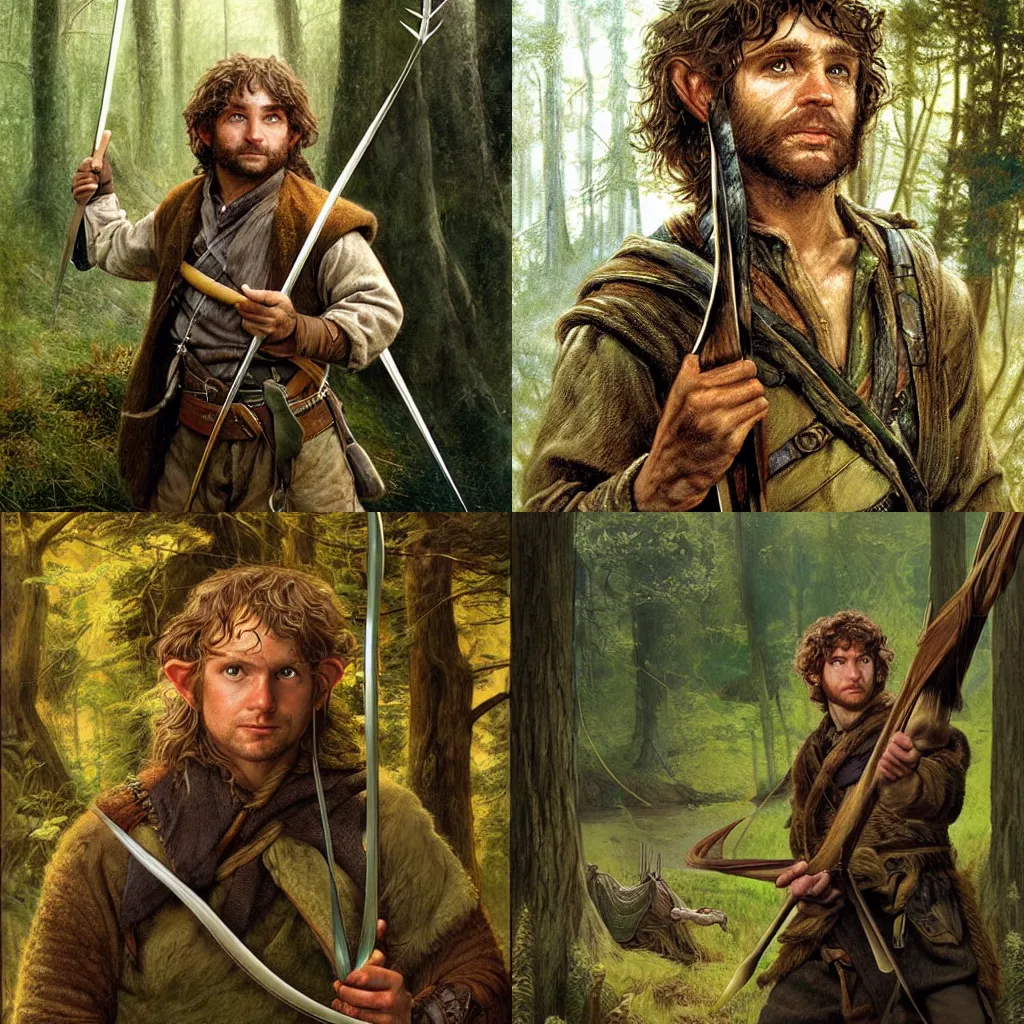 Prompt: a portrait of a rugged ranger hobbit, bow and arrow, forested background, epic fantasy, concept art by James C. Christensen