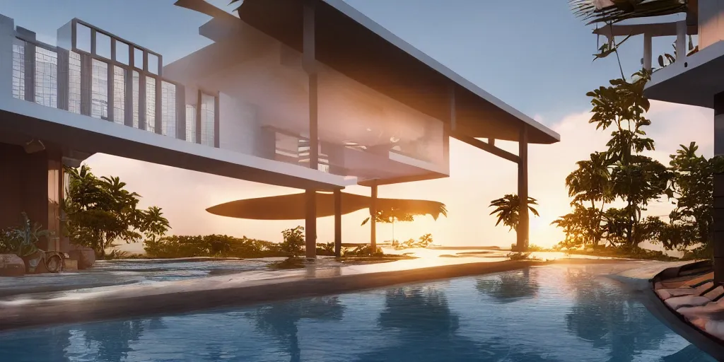 Image similar to a modern bamboo house, tropical modernism, a view of the beach, sunset, photorealism, beautiful, cinematic dramatic atmosphere, volumetric cinematic perfect light, detailed octane render trending on artstation, 8 k, by chris hytha and jag studio