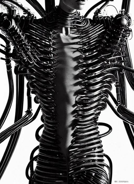 Image similar to walking down the catwalk, steven klein, mert alas and marcus piggott, show, stage, vogue photo, podium, fashion show photo, iris van herpen, beautiful woman, full body shot, masterpiece, inflateble shapes, giger, plant predator, guyver, jellyfish, wires, veins, biomechanical details, bionic cyborg implants, colourfull