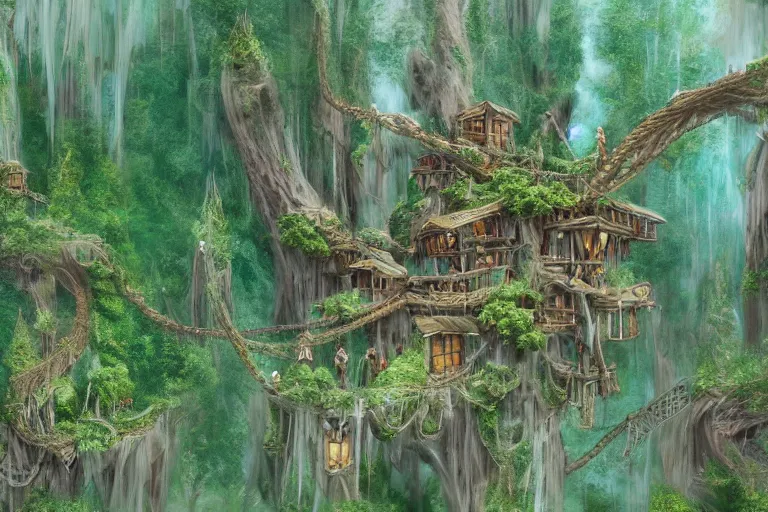 Prompt: a wood - elf village suspended high up in the redwood tree canopies, connected by rope bridges, fantasy setting, dense vegetation, very detailed, d & d concept art, 4 k