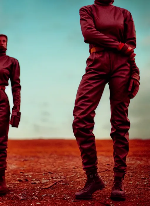 Image similar to cinestill 5 0 d photographic portrait of two clones standing in front of a brutalist metal building, techwear women on a desolate plain, red sky, closeup, depth of field, 4 k, 8 k, hd, full color