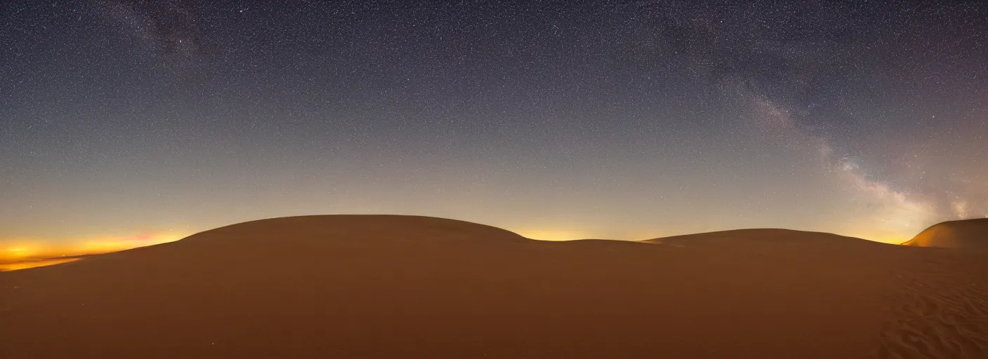 Prompt: Dunes at dawn visible milky way at night