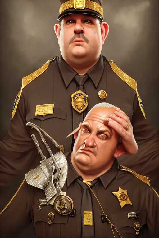 Prompt: a shifty fat high elf mall cop with a sheriff's badge, Oil Painting, hyperrealistic, octane render, Detailed Digital Art, RPG portrait, 3/4 bust, Michael Cheval, dynamic lighting, Highly Detailed, Cinematic Lighting, 8k, HD