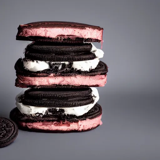 Prompt: oreo Ice cream sandwich with thin sliced ham in the middle, 4K photo, studio lighting