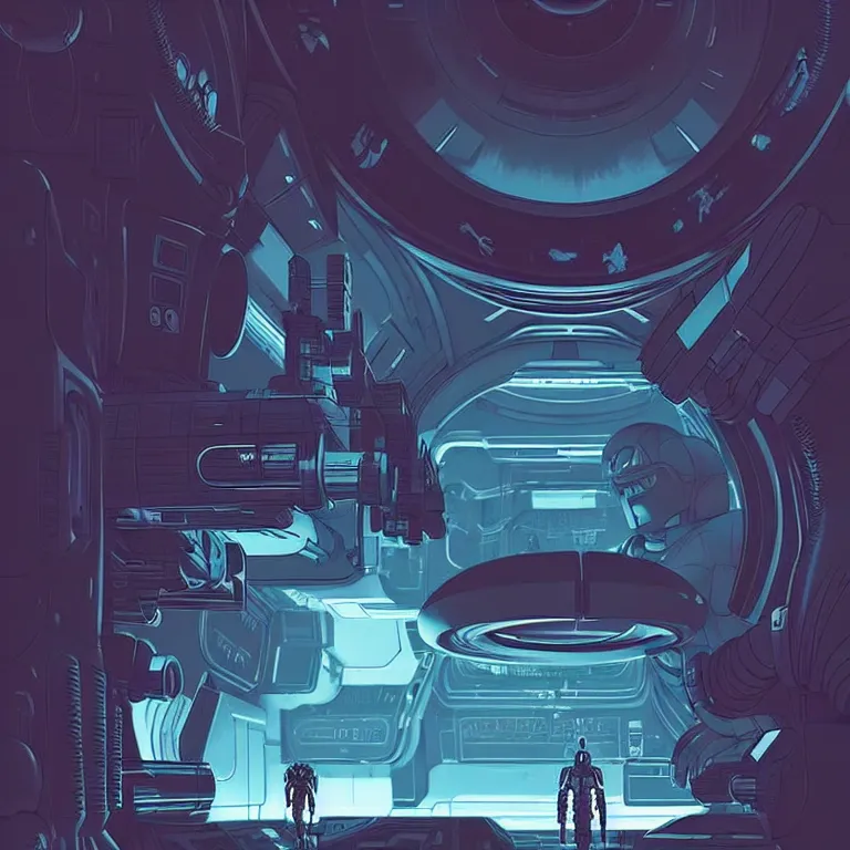 Prompt: A Xenomorph creeping in the shadows of a space station, art by James Gilleard, James Gilleard artwork, vintage