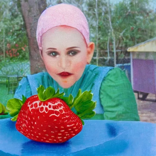 Image similar to hasbulla with flat face eat huge strawberries in the postsoviet suburbia
