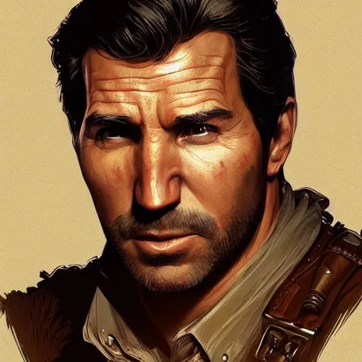 Image similar to Joe Biden face in the role of Nathan Drake, western, D&D, fantasy, intricate, elegant, highly detailed, digital painting, artstation, concept art, matte, sharp focus, illustration, art by Artgerm and Greg Rutkowski and Alphonse Mucha