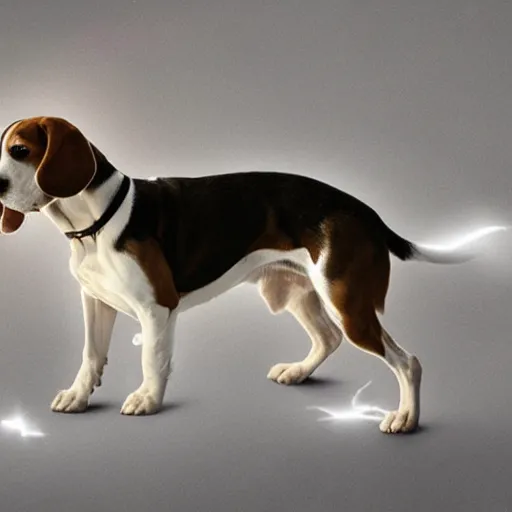 Image similar to the spirit of a beagle levitating from his body, mystical light lighting him up, magical dust