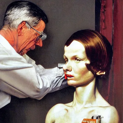 Prompt: A scientist presents the synthetic person she has just made. A painting by Norman Rockwell.