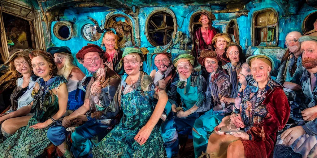 Image similar to detailed colour photograph group portrait of amazingly characterful people sat down extreme closeup, in the inside of the beautiful underwater train to atlantis, realistic and lifelike expressions, crowds of people sat down wearing odd clothes