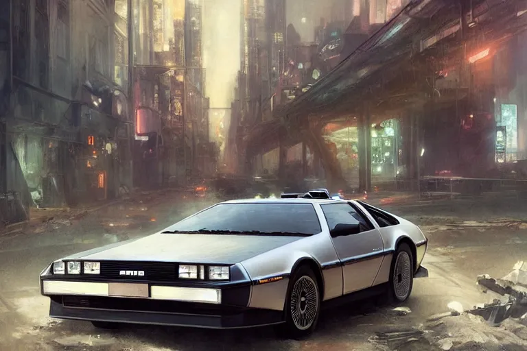 Image similar to photograph of the delorean, with a sleek spoiler, driving down the streets of a cyberpunk abandoned city, by greg rutkowski, by stanley artgerm, by alphonse mucha