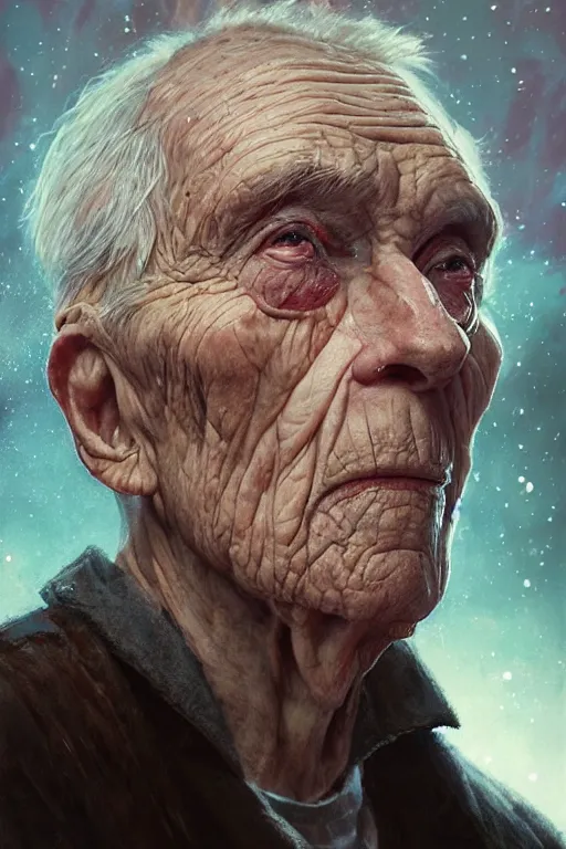 Image similar to the look of an elderly person 4 1 6 0 full of wrinkles and imperfections by artgem and greg rutkowski, highly detailed, high contrast, light reflection, trippy, nebula, trending on artstation