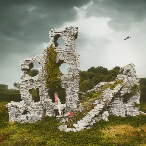 Image similar to the ruins of a village made out of stone on top of a cloud, overgrown with red vines, with a broken stone statue of a man in the middle of the ruins