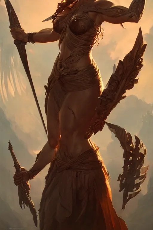 Prompt: goddess of war accurate anatomy, only two hands, highly detailed, digital painting, artstation, concept art, smooth, sharp focus, illustration, Unreal Engine 5, 8K, art by Ross Tran and greg rutkowski and alphonse Mucha and Frank Frazetta