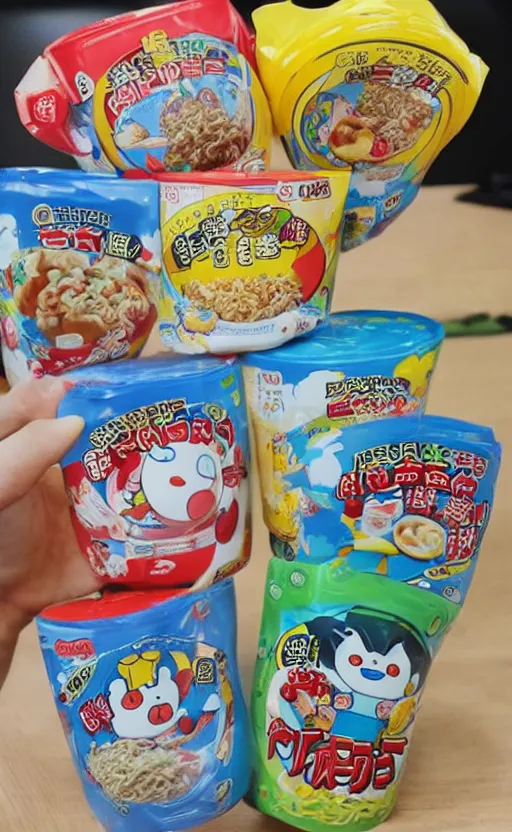 Image similar to White elephants eat instant noodles, Doraemon style.