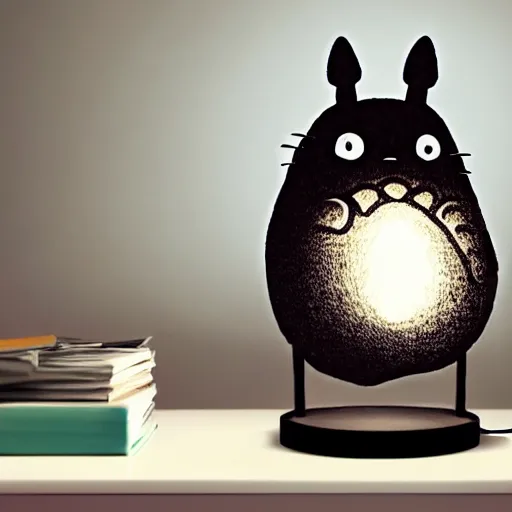 Prompt: a lamp sitting on a shelf in a dark room. the lamp is shaped like totoro. the room is dark. the lamp lights the room. comic books on shelf behind lamp