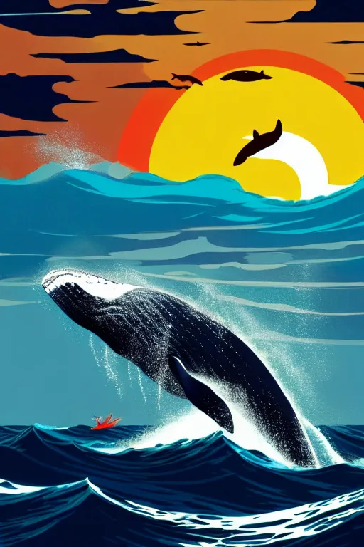 Prompt: whale jumping out of the ocean, splashing water, sunset, scenery wallpaper aesthetic, beautiful, cinematic, dramatic, super detailed and intricate, 4 k render, by koson ohara, by darwyn cooke, by satoshi kon