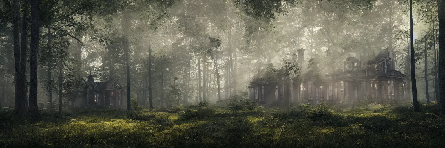Prompt: victorian house in a forest with obsidian trees and Opal flowers, jade, lapis, eerie, sunshine, rays of light, painting, trending on artstation, octane render, atmospheric lighting, misty, rain