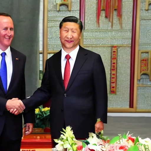 Prompt: New Zealand prime minister John Key making a secret deal with Xi Jinping