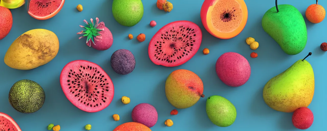 Image similar to spores and mold on a colorful fruit, ultra realistic with black background. shiny. octane rendering. isometric. volume. global illumination. AES