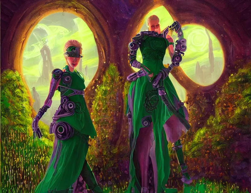 Prompt: celtic scifi princess of the heath, wearing a lovely dress with cyberpunk details. this oil painting by the beloved children's book author has an interesting color scheme and impeccable lighting.