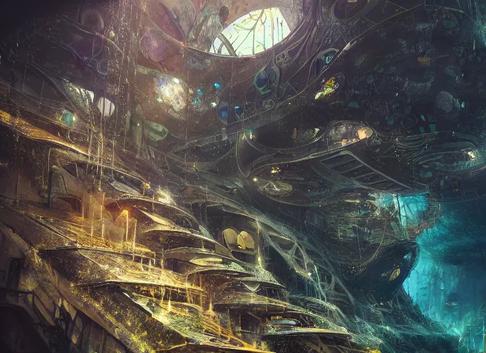 Image similar to favela spaceship cathedral, underwater environment, sorcery, scenery, professional, award - winning, trending on artstation, hyper detailed, realistic, beautiful, emotional, shiny, somber, picture