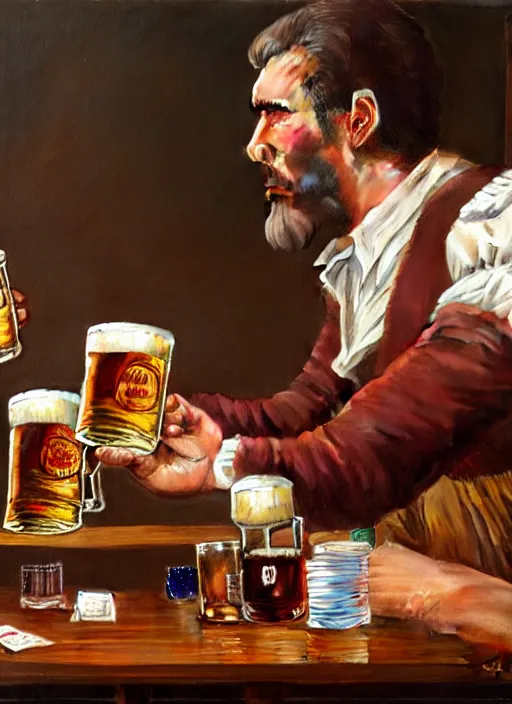 Prompt: large computer table octoberfest invite card, man drinking beer, angry, beer glasses, poker table, photoshoot, 4 k, hyper realistic, natural, highly detailed, digital illustration, trending in artstation, classical painting, smooth, sharp focus art by ilya repin