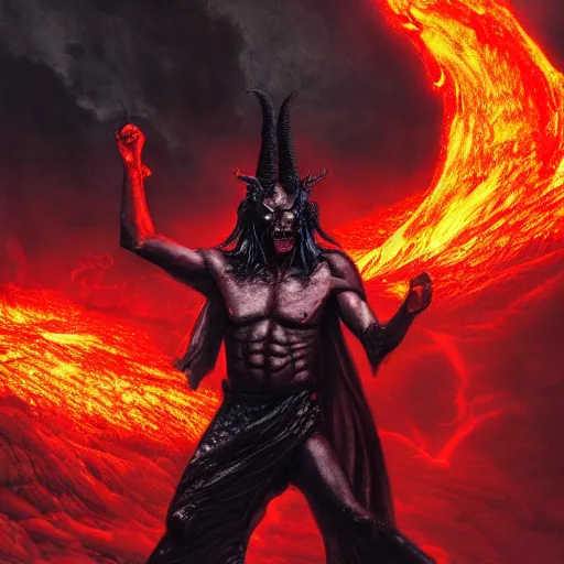 Prompt: Full body photo of asmodeus, he has eyes of fire, he is looking straight to the camera, he has a glow coming from him, she is getting illuminated by lava, behind is an ancient hellscape, the photo was taking by Annie Leibovitz, matte painting, oil painting, naturalism, 4k, 8k