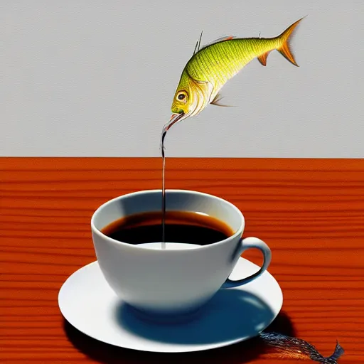 Image similar to a digital painting of a real fish drinking coffee by a straw, hyperrealism