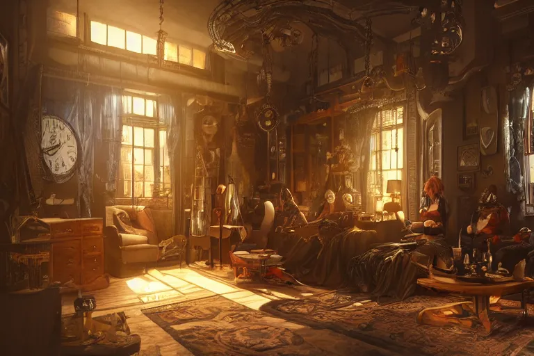 Image similar to beautiful women in the interior of a steampunk apartment, by Joe Madureira, 3d scene, render, ultra realistic, ray tracing, night time, volumetric light, artstation, cgsociety, level design, unreal engine, 3d scene, zenith view