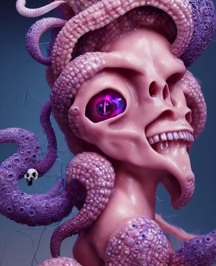 Image similar to goddess princess beautiful face close-up portrait ram skull plasticine sculpture. jellyfish phoenix head, nautilus, orchid, skull, betta fish, bioluminiscent creatures, intricate artwork by Tooth Wu and wlop and beeple. octane render, trending on artstation, greg rutkowski very coherent symmetrical artwork. cinematic, hyper realism, high detail, octane render, 8k