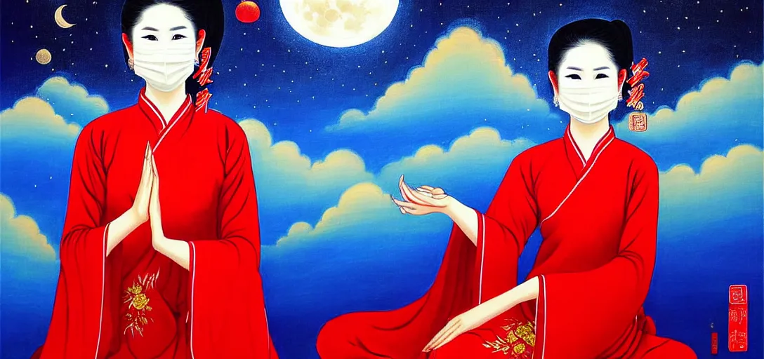Image similar to vietnamese female with white cloth mask wearing traditional red ao dai, full moon on the sky, a ultra detailed beautiful panting by le pho