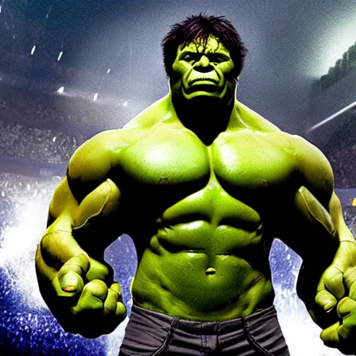 Image similar to photograph of The Incredible Hulk as WWE Champion standing in.a Wrestling ring