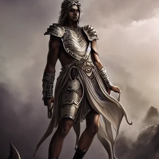 Image similar to male divine androgynous gorgeous, with a white gold high angelic armor, dark epic, roman toga, cinematic lighting, heaven background, concept art, highly detailed, photorealistic, 4 k