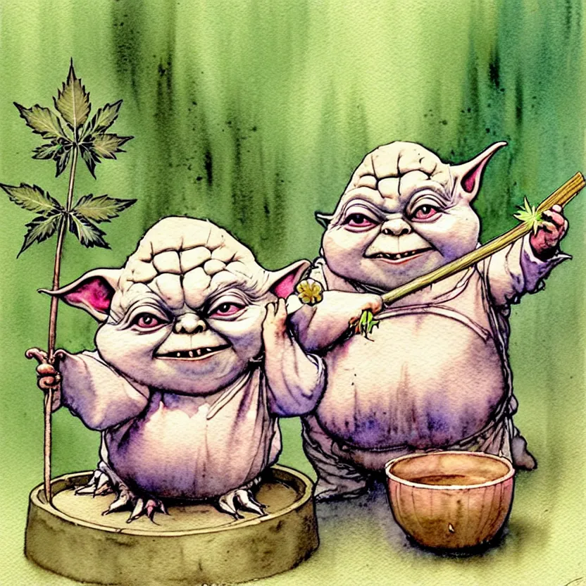 Image similar to a realistic and atmospheric watercolour fantasy character concept art portrait of a fat chibi yoda with pink eyes smiling and holding a blunt with a pot leaf nearby, by rebecca guay, michael kaluta, charles vess and jean moebius giraud