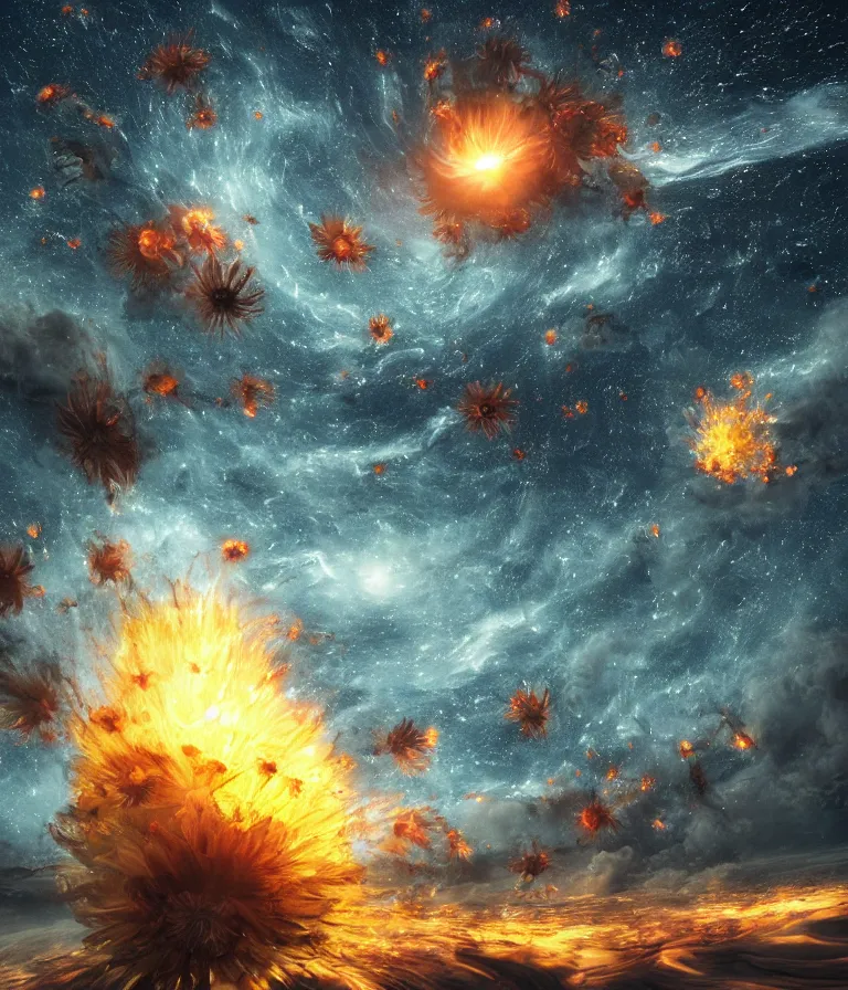 Image similar to impressive ominous cinematic fine photo of a spiraling exploding sun launching flowers across the starry night sky, lighting impressive masterpiece hyper ultra detailed intricate sharp focus 8 k realistic illustration canon eos r 3 fujifilm x - t 3 0 sony alpha, artgerm colorful!!!, trending on artstation behance cgsociety, octane render nvidia raytracing demo