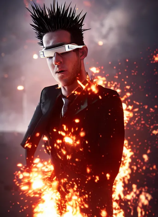 Image similar to young man with long red spiked hair. Blasting fire on his hands. Wearing a black waistcoat, white shirt, using googles. Unreal 5, DAZ, hyperrealistic, octane render, cosplay, RPG portrait, dynamic lighting